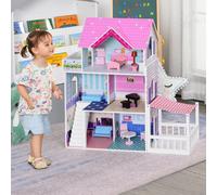 HOMCOM Maison de poupée en bois jeu d'imitation grand réalisme 3 étages avec escalier et cour meubles et accessoires inclus 86 x 30 x 87 cm rose