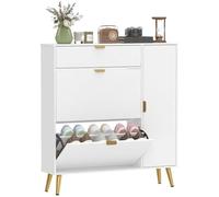 HOMCOM Meuble à Chaussures 12 Paires, Armoire à Chaussures étroite, 2 tiroirs rabattables, 4 Compartiments, étagères réglables, façade Imitation Cuir, pour Couloir et entrée, 99,4x23,8x106,6cm, Blanc