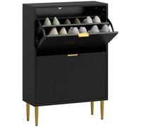 HOMCOM Meuble à Chaussures 12 Paires, Armoire à Chaussures étroite Moderne avec 2 tiroirs rabattables, Portes cannelées et étagères réglables, pour Couloir et entrée, 60 x 24 x 91,5 cm, Noir