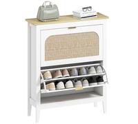 HOMCOM Meuble à Chaussures 14 Paires, Armoire à Chaussures étroite bohème avec Portes Effet rotin cannage, 2 tiroirs rabattables et étagères Ajustables, pour entrée et Couloir, 80x24x95,5cm, Blanc