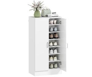 HOMCOM Meuble à Chaussures 14 Paires, Armoire à Chaussures Style Moderne avec 7 Niveaux et 6 Étagères Ajustables, 2 Portes Soft-Close, 55 x 35 x 108 cm, Blanc