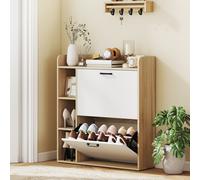 HOMCOM Meuble à chaussures 15 paires, armoire à chaussures moderne avec 2 tiroirs rabattables, 83x24x90,5cm, effet bois naturel