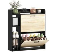 HOMCOM Meuble à Chaussures 15 Paires, Armoire à Chaussures Moderne avec 2 Tiroirs Rabattables, Étagères Réglables, 3 Étagères Latéraux, pour Couloir et Entrée, 83 x 24 x 90,5 cm, Noir et Bois Naturel