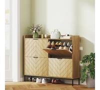 HOMCOM Meuble à chaussures 16 paires avec 4 tiroirs, portes rabattables, étagères réglables, 120 x 23,5 x 95,5 cm, chêne