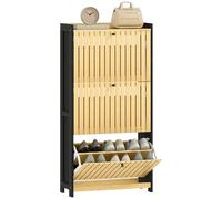 HOMCOM Meuble à Chaussures 18 Paires, Armoire à Chaussures étroite, Meuble d'entrée avec 3 tiroirs rabattables, Portes en Bambou à Lattes, pour Couloir et entrée, 60x24x118cm, Noir et Bois Naturel