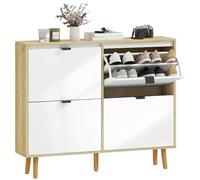 HOMCOM Meuble à Chaussures 20 Paires, Porte Haute Brillante, Armoire à Chaussures étroite avec 4 tiroirs rabattables et étagères réglables, Style Moderne, pour Couloir, entrée, 105x24x92,5cm, Blanc