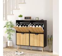 HOMCOM Meuble à chaussures 4 abattants 16 paires avec étagère réglable pieds en bois de pin 95 x 26 x 95 cm naturel