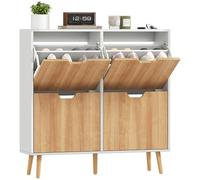 HOMCOM Meuble à Chaussures 4 abattants, Armoire à Chaussures 16 Paires, avec étagère réglable, Pieds en Bois, Rangement Chaussure, Grande capacité pour Couloir, entrée, 95 x 26 x 95 cm, Blanc