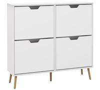 HOMCOM Meuble à Chaussures 4 abattants, Armoire à Chaussures 16 Paires, avec étagère réglable, Pieds en Bois, Rangement Chaussure, Grande capacité pour Couloir, entrée, 95 x 26 x 95 cm, Blanc