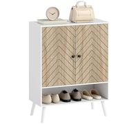 HOMCOM Meuble à chaussures à 2 portes avec design à chevrons, étagère réglable, compartiment ouvert, pour 15 paires de chaussures, 75 x 35 x 97 cm, blanc et naturel, Meuble de Rangement