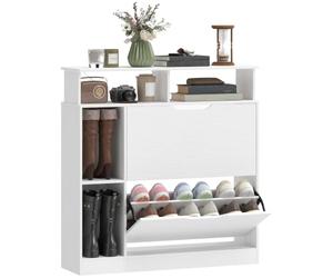 HOMCOM Meuble à Chaussures Armoire 2 Tiroirs Rabattables 89x25x92cm Blanc | Étroite, Compartiments Ouverts, Étagère Réglable, Couloir, Entrée