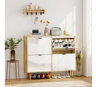 HOMCOM Meuble à chaussures, armoire à chaussures étroite, 4 tiroirs rabattables, porte haute brillante, 105x24x92,5cm, blanc