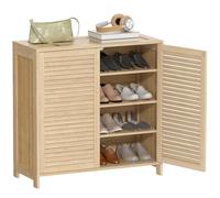 HOMCOM Meuble à Chaussures en Bambou 14 Paires, Armoire à Chaussures avec Portes persiennes et étagères réglables, Meuble de Rangement pour Couloir, entrée, Dressing, 80x35x80cm, Bois Naturel
