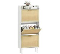 HOMCOM Meuble à Chaussures étagère à Chaussures Armoire 3 Portes abattants 18 Paires, Effet résine tressée Design bohème - dim. 65L x 24,5l x 153H cm Naturel
