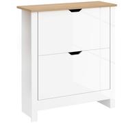 HOMCOM Meuble à Chaussures étroit pour économiser de l'espace avec 2 tiroirs rabattables et étagères réglables pour 12 Paires de Chaussures pour Couloir et Salon, Blanc Brillant