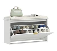 HOMCOM Meuble à Chaussures Meuble à Chaussures étroit Meuble d'entrée avec Assise rembourrée Tiroir Pliant et Panneau à lamelles pour 8 Paires de Chaussures pour entrée Chambre 80x26x47,5 cm Blanc