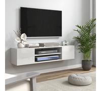 HOMCOM Meuble banc TV mural suspendu style contemporain 2 placards 2 niches centrales et 2 passe-câbles 140 x 30 x 30 cm blanc