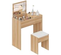 HOMCOM Meuble Coiffeuse avec Tiroir, Table de Coiffeuse avec Miroir Rabattable et Tabouret Rembourré, Naturel