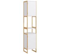 HOMCOM Meuble Colonne de Rangement Salle de Bain Armoire Haute avec 2 placards et 2 niches, étagère Ajustable, Porte à Ouverture par Pression, Bambou, 33 x 33 x 170 cm, Blanc