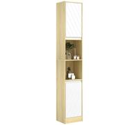 HOMCOM Meuble Colonne Rangement Salle de Bain Style Cosy 30 x 24 x 170 cm 2 Portes étagère 2 niches chêne Clair Blanc