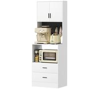 HOMCOM Meuble d'Appoint de Cuisine avec Support pour Micro-ondes 2 Tiroirs 2 Portes et Panneau Perforé en Métal Blanc