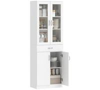 HOMCOM Meuble de Cuisine avec étagère réglable 60x35x180 cm Blanc | Buffet avec tiroir, 2 caissons, armoire haute vitrée, fermeture amortie, pour cuisine/salle à manger/salon
