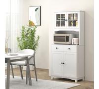 HOMCOM Meuble de cuisine indépendant avec plan de travail pour micro-ondes, machine à café, armoires, portes en verre, Blanc