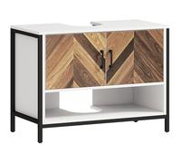 HOMCOM Meuble de lavabo avec 2 portes à chevrons et compartiment ouvert pour lavabo à socle ou à poser 80 x 40 x 60 cm Crème et noyer