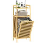 HOMCOM Meuble de Rangement à Linge en Bambou, Meuble de Salle de Bain avec étagère, Panier à Linge basculant, Porte à Lattes et Sac de Rangement Amovible, 40 x 30 x 95 cm, Effet Bois Naturel