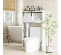 HOMCOM Meuble de rangement au-dessus des toilettes avec porte coulissante, Meuble étagère dessus WC, étagère réglable, blanc
