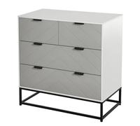 HOMCOM Meuble de Rangement Commode 4 tiroirs coulissants façade Motif à Chevron Gris MDF Blanc piètement Acier Noir