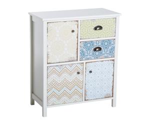 HOMCOM Meuble de Rangement Commode Buffet Style Néo-Rétro Graphique 3 Placards Porte + 2 Tiroirs MDF Bois Blanc