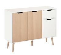 HOMCOM Buffet Design scandinave 2 placards tiroir Coulissant Pieds Bois Massif pin Panneaux Particules Blanc chêne Clair