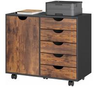 HOMCOM Meuble de rangement pour bureau 5 tiroirs 1 porte étagère réglable, support imprimante roulettes, 78x40x66,5 cm, marron