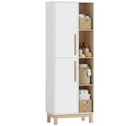 HOMCOM Meuble de Salle de Bain 62,5 x 35 x 176 cm Blanc et Bois Naturel | Meuble de Rangement, Colonne Salle de Bain, 2 Portes, 4 Compartiments Ouverts, Étagères Réglables, pour Salon, Chambre