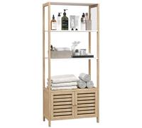HOMCOM Meuble de Salle de Bain avec 3 étagères Armoire de Rangement Haute en Bambou 1 Placard avec Portes à Lattes Base surélevée 63 x 30 x 138 cm Bois Naturel et Blanc