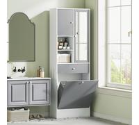 HOMCOM Meuble de salle de bain avec panier à linge et miroir étagère réglable 62 x 28,3 x 181 cm gris et blanc