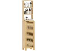 HOMCOM Meuble de Salle de Bain en Bambou, Meuble de Salle de Bain étroit avec 3 étagères Ouvertes, Porte à lamelles, étagères réglables, 34x30x170 cm, Naturel