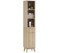 HOMCOM Meuble de salle de bain étroit colonne de salle de bain avec porte cannelée tiroir 3 compartiments ouverts et étagères réglables 33 x 30 x 170 cm Naturel
