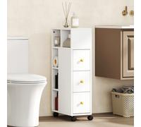 HOMCOM Meuble de salle de bain étroit, meuble avec 4 roulettes, 3 tiroirs, 5 compartiments ouverts, 20x40x80cm, blanc