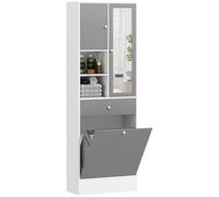 HOMCOM Meuble de Salle de Bain Haut avec Coffre a Linge et Miroir, Meuble de Rangement avec placards à Portes, 2 Compartiments Ouverts, tiroir et étagère réglable, 62 x 28,3 x 181 cm, Gris et Blanc