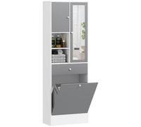 HOMCOM Meuble de Salle de Bain Haut avec Coffre a Linge et Miroir | Meuble de Rangement, Placards à Portes, 2 Compartiments Ouverts, Tiroir, Étagère Réglable, 62 x 28,3 x 181 cm, Gris et Blanc
