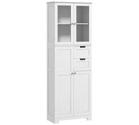 HOMCOM Meuble de Salle de Bain Haut, Meuble de Rangement, Colonne Salle de Bain avec 4 Portes Dont 2 vitrées, 2 tiroirs et étagères réglables, Style Moderne, pour Salon, Chambre, 60x30x170cm, Blanc