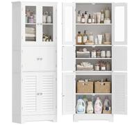 HOMCOM Meuble de Salle de Bain Haut Style Moderne 60x30x170,5cm Blanc | Meuble de Rangement, Colonne Salle de Bain, 6 Portes dont 2 Vitrées et 2 Persiennes, Étagère Réglable, pour Salon, Chambre