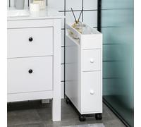 HOMCOM Meuble de salle de bain, Meuble à roulettes, Design étroit, deux tiroirs, quatre roues, blanc, 16 x 49,5 x 66 cm