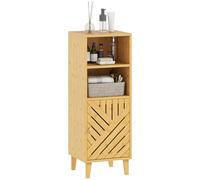 HOMCOM Meuble de Salle de Bain, Meuble de Rangement, Armoire Salle de Bain avec 1 Placard, 2 Compartiment Ouvert, Porte et Pieds en Bambou, 32 x 30 x 90 cm, Effet Bois Naturel