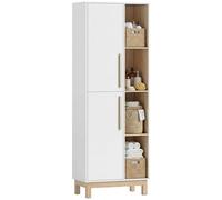 HOMCOM Meuble de Salle de Bain, Meuble de Rangement, Colonne Salle de Bain avec 2 Portes, 4 Compartiments Ouverts et Étagères Réglables, pour Salon, Chambre, 62,5 x 35 x 176 cm, Blanc et Bois Naturel