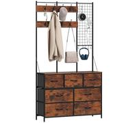 HOMCOM Meuble d'entrée 4 en 1, portemanteau, vestiaire avec 7 tiroirs pliables en tissu et 14 crochets, style industriel, pour couloir, entrée, chambre, noir et brun rustique