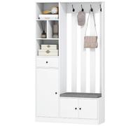 HOMCOM Meuble d'entrée 4 en 1, Vestiaire avec Banc, 100x30x180cm, Blanc | Banc de Rangement, Étagère Réglable, 4 Crochets, Compartiments Ouverts, Porte-Manteau Moderne, pour Couloir Chambre Salon