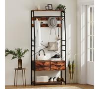 HOMCOM Meuble d'entrée 6 en 1 portemanteau tringle à vêtements étagère 2 tiroirs 10 crochet 80 x 30 x 180 cm brun rustique